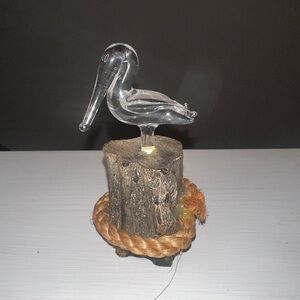 Hand Blown Glass Pelican Figurine Mounted on Wooden Base with Nautical Rope